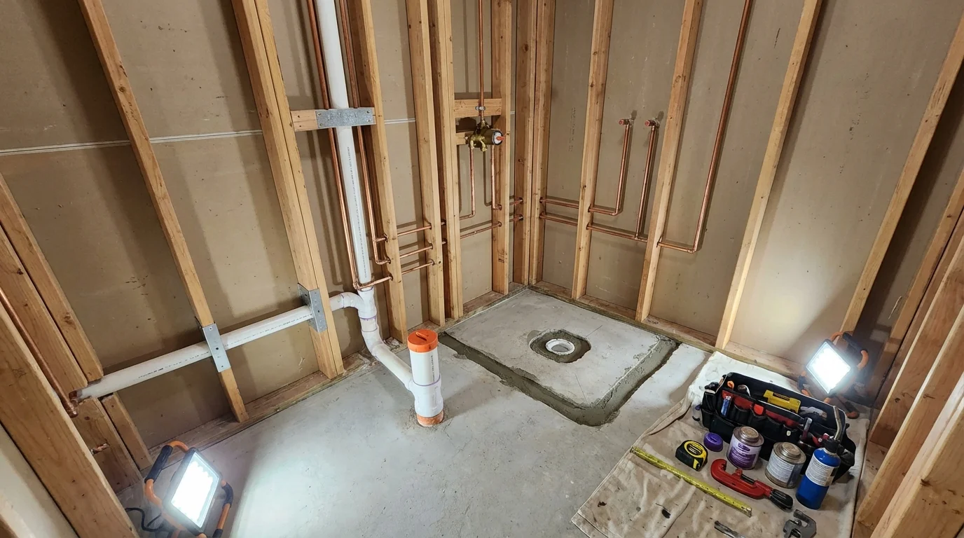 Bathroom rough-in plumbing during remodel by Johns Plumbing LLC in Reedsburg