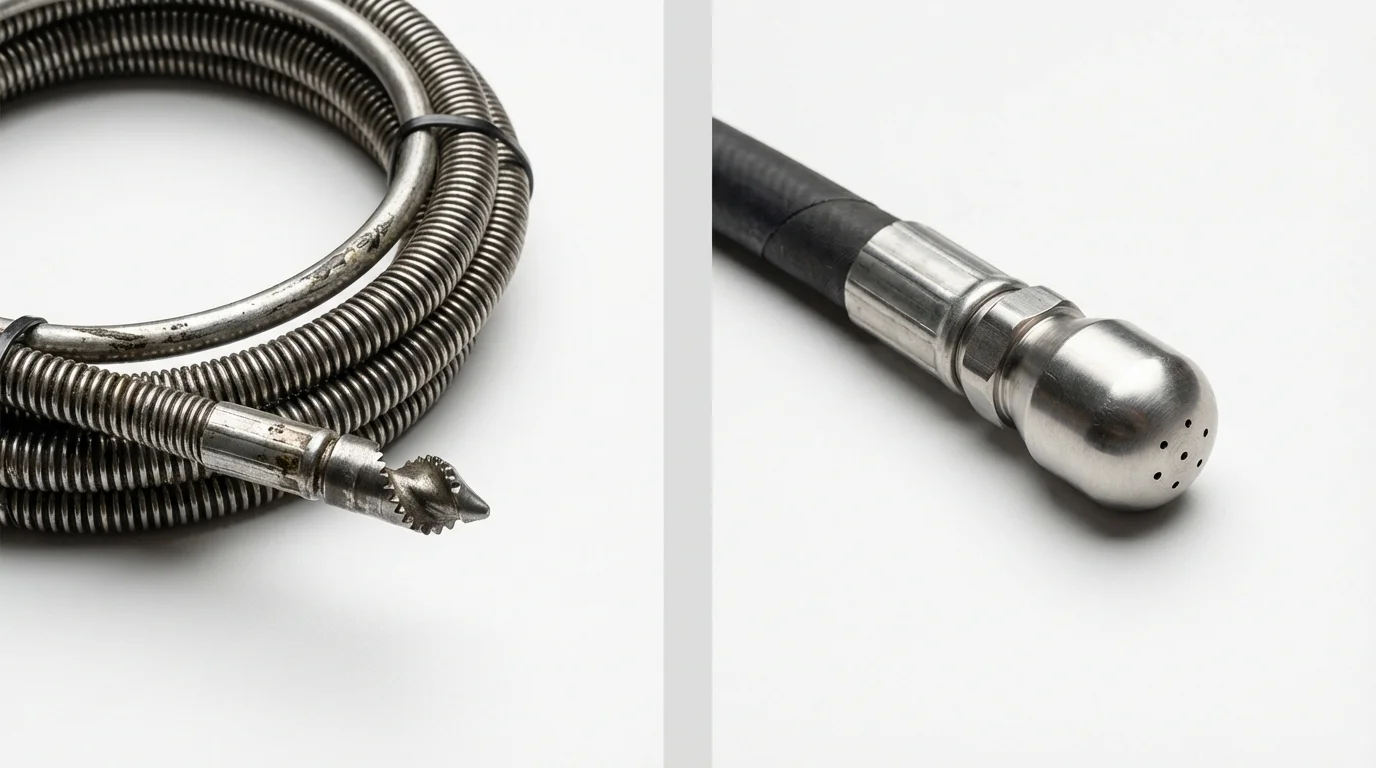 Drain snake cable and hydro jetting nozzle used for drain cleaning in Reedsburg, WI