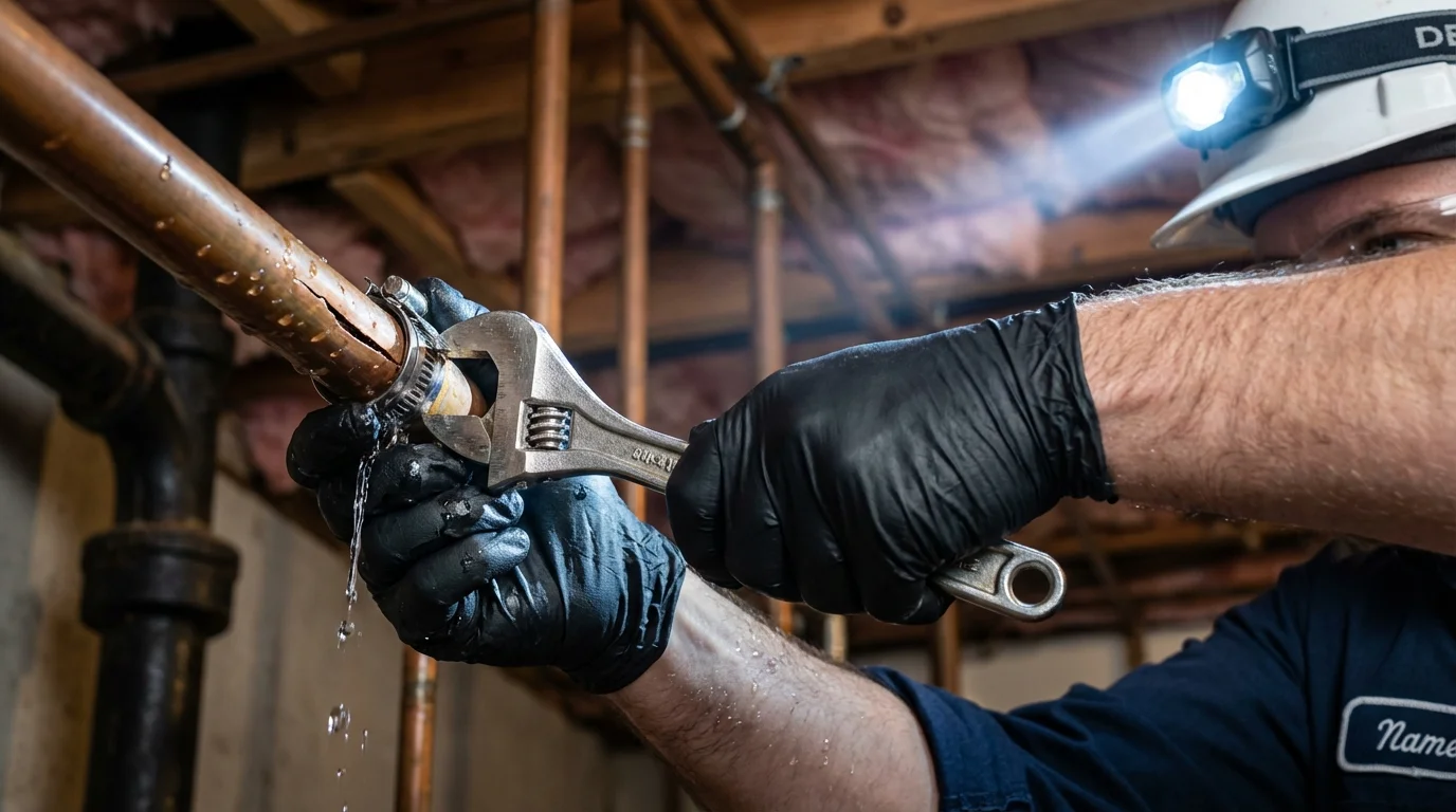 Emergency pipe clamp repair being performed by a Johns Plumbing LLC plumber in Reedsburg
