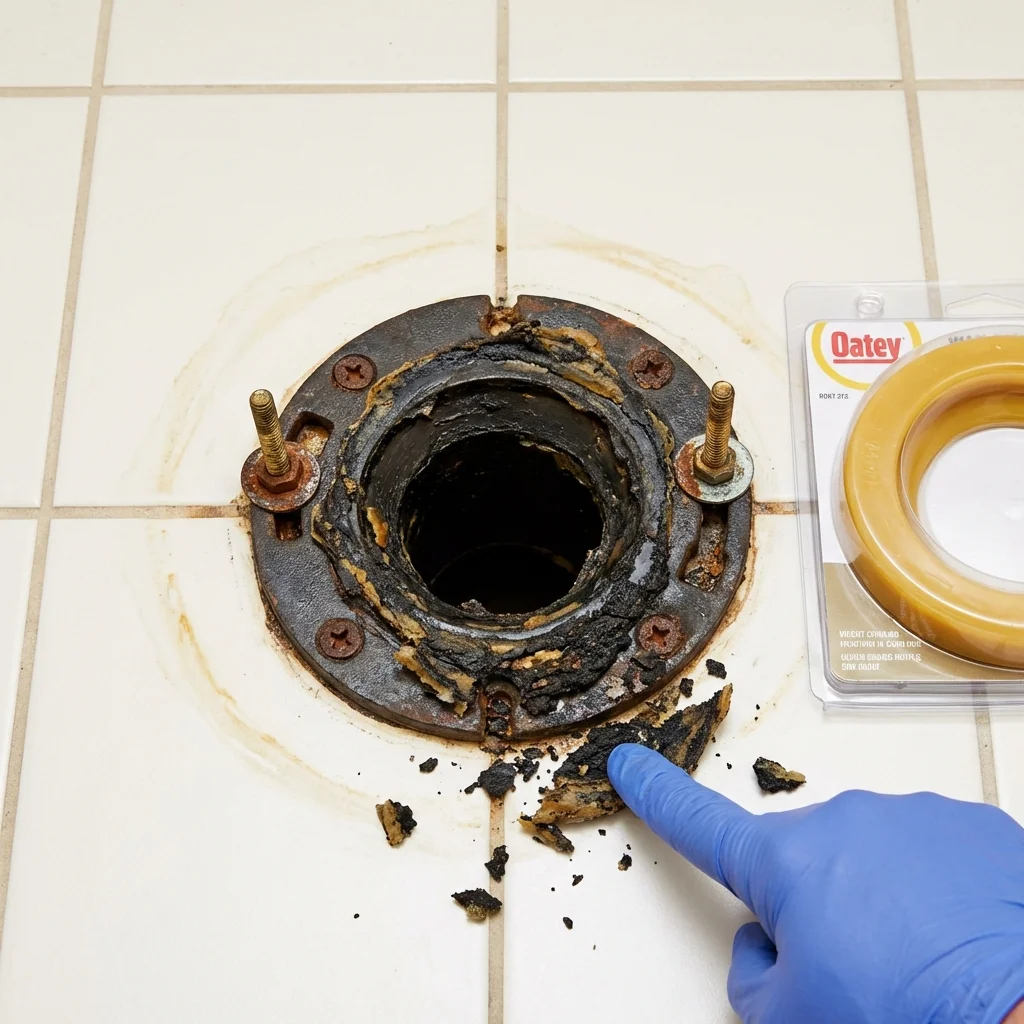 Failed wax ring showing water seepage at the base of a toilet in a Reedsburg, WI home