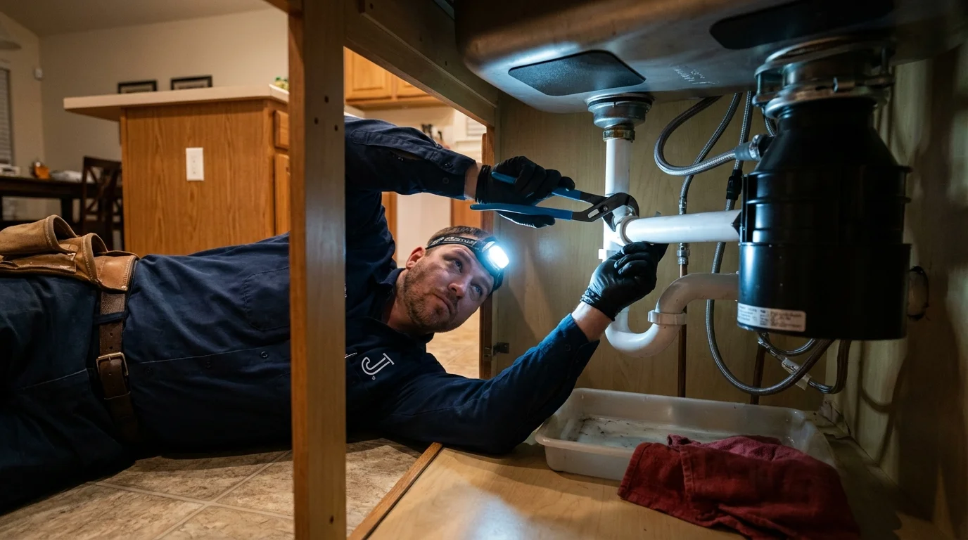 P-trap and supply line connections under a kitchen sink showing a common leak point in Reedsburg, WI